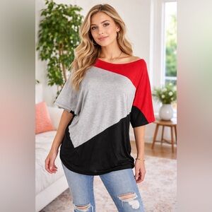 Bongo Colorblock Tunic Top XL Red Gray Black Asymmetrical Casual Boho
